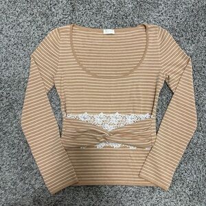Valentino Tan Embellished Fitted Long Sleeve Blouse